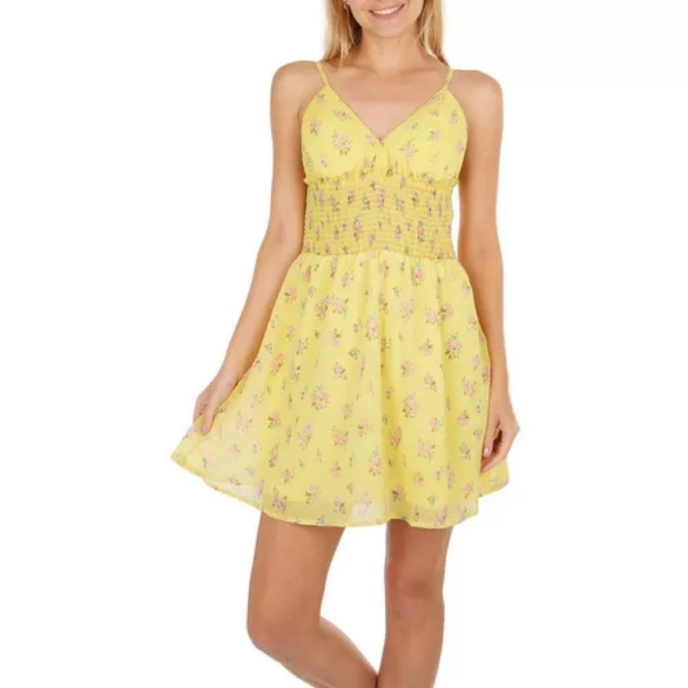 JOLIE & JOY  Junior Yellow Floral Tiered Sleeveless Mini Dress Size L